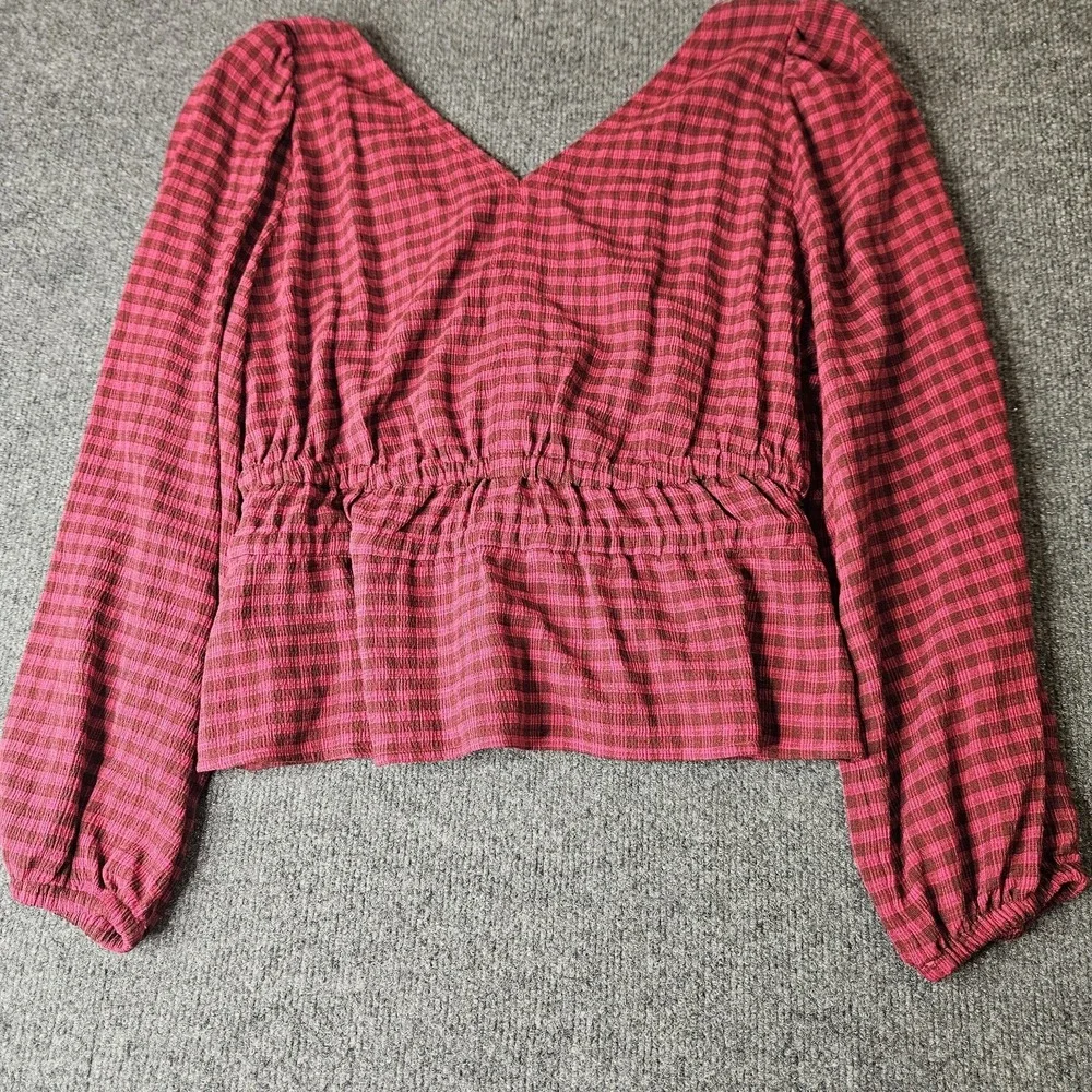 Madewell‎ Saffi Top Longsleeve Peplum Check Puff Sleeve Size Medium